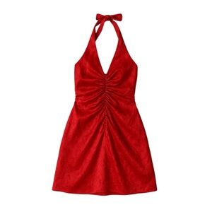 ZARA Red Satin Halter Mini Dress | Size M | Ruched Plunge Party Dress
